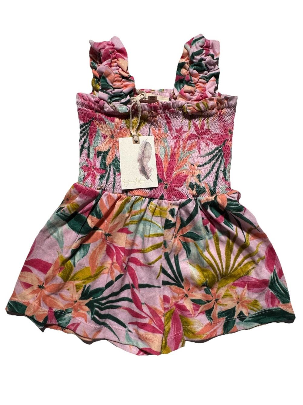 Jessica Simpson Girls Floral Smocked Romper 4T Pink Tropical NWT